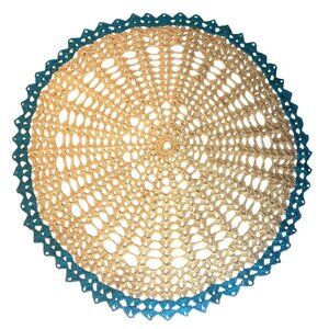 Vintage Hand Crocheted Round Doily Beige Aqua Edge 18" Table Decor Charming!
